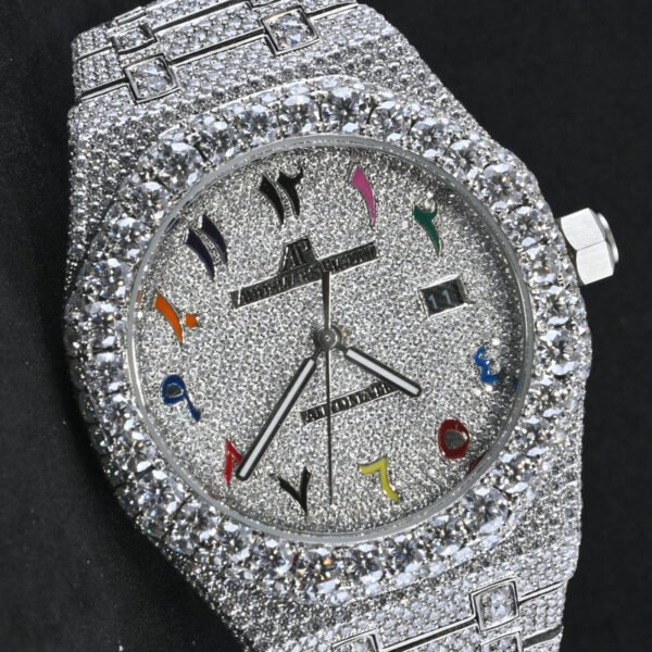 Jewels Audemars Piguet Swiss Eta Movement Full White Ice Out Moissanite Diamond Watch And Make Dail Plate In Arbic Rainbow Mina