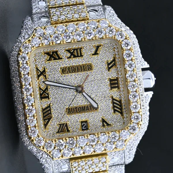 Cartier Swiss Eta Automatic Movement Full Ice Out In Yellow Gold Real VVS Moissanite Diamond Watch And Heighted Middle Belt Collet and Bezel