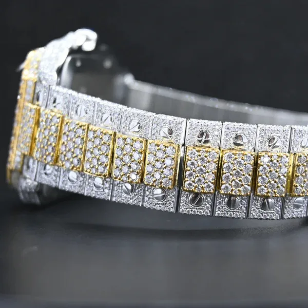 Cartier Swiss Eta Automatic Movement Full Ice Out In Yellow Gold Real VVS Moissanite Diamond Watch And Heighted Middle Belt Collet and Bezel - Image 4