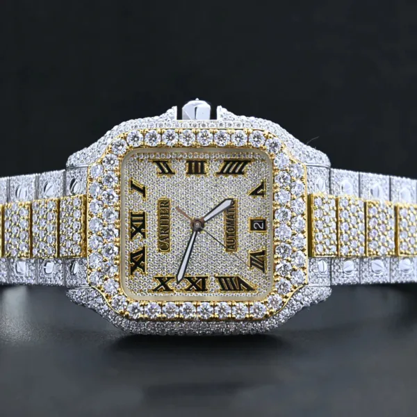 Cartier Swiss Eta Automatic Movement Full Ice Out In Yellow Gold Real VVS Moissanite Diamond Watch And Heighted Middle Belt Collet and Bezel - Image 3