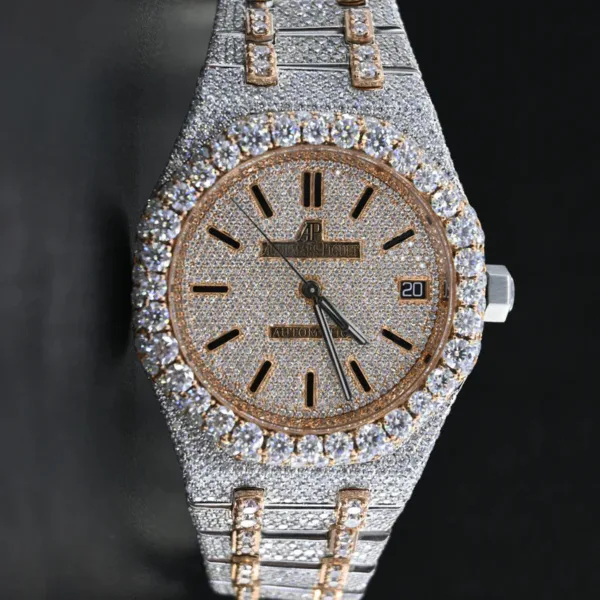 Swiss Eta Movement Rose Gold Full Iced Out Moissanite Diamond Watch Make Dial Plate Roman, Highted Collet, & Bezell - Image 4