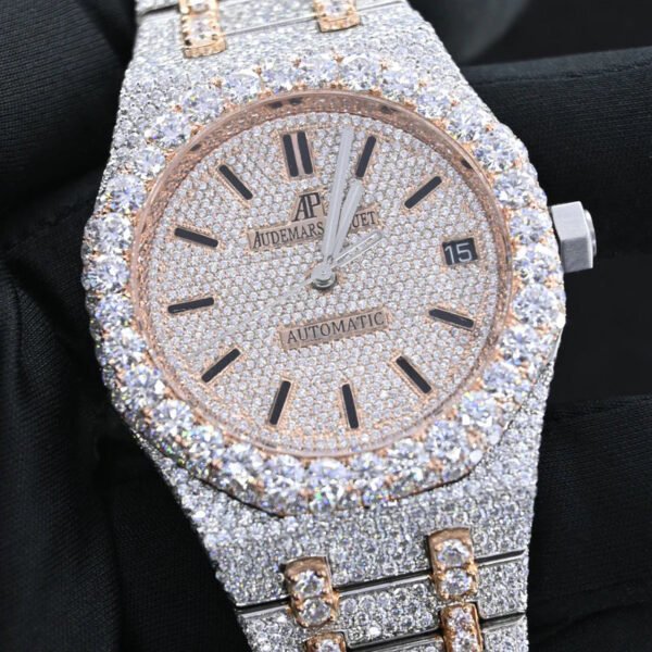 Swiss Eta Movement Rose Gold Full Iced Out Moissanite Diamond Watch Make Dial Plate Roman, Highted Collet, & Bezell