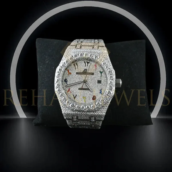 Jewels Audemars Piguet Swiss Eta Movement Full White Ice Out Moissanite Diamond Watch And Make Dail Plate In Arbic Rainbow Mina - Image 4