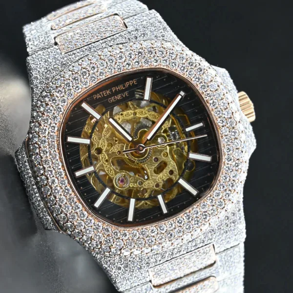 Jewels Patek Philippe Skeleton Swiss Eta Automatic Movement Two Tone VVS Moissanite Diamond Watch