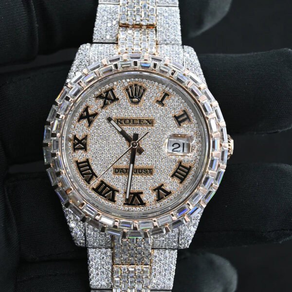 Rolex Oyster Date Just Swiss Eta Automatic Movement Two Tone Full Ice Out Make Heighted Middle Pieces Belt & Bezel With Real VVS Round Moissanite Diamonds & Baguette diamonds With Dial Plate in Roman - Image 5