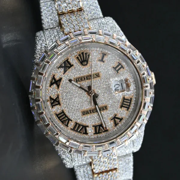 Rolex Oyster Date Just Swiss Eta Automatic Movement Two Tone Full Ice Out Make Heighted Middle Pieces Belt & Bezel With Real VVS Round Moissanite Diamonds & Baguette diamonds With Dial Plate in Roman - Image 2