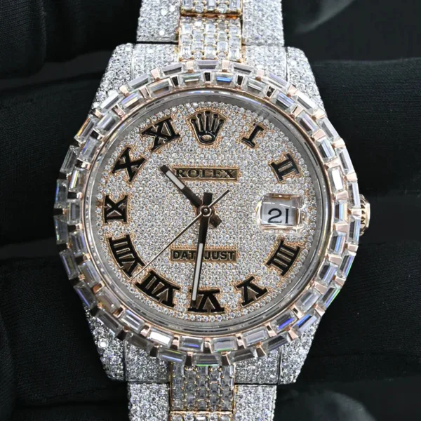 Rolex Oyster Date Just Swiss Eta Automatic Movement Two Tone Full Ice Out Make Heighted Middle Pieces Belt & Bezel With Real VVS Round Moissanite Diamonds & Baguette diamonds With Dial Plate in Roman